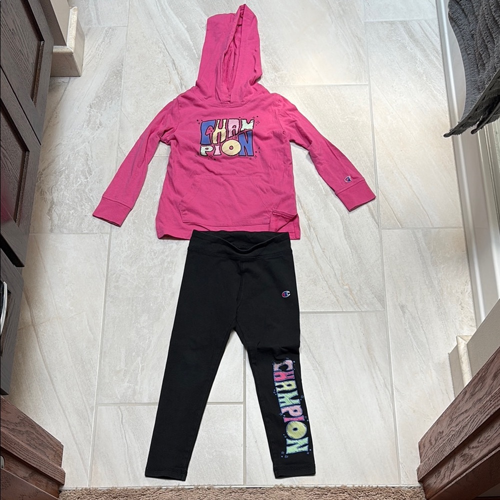 Champion (Size 5)Girls Pink Hoodie Shirt and Black Leggings Set